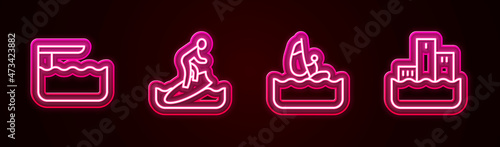 Set line Diving board or springboard, Surfboard, Windsurfing and Winner podium. Glowing neon icon. Vector