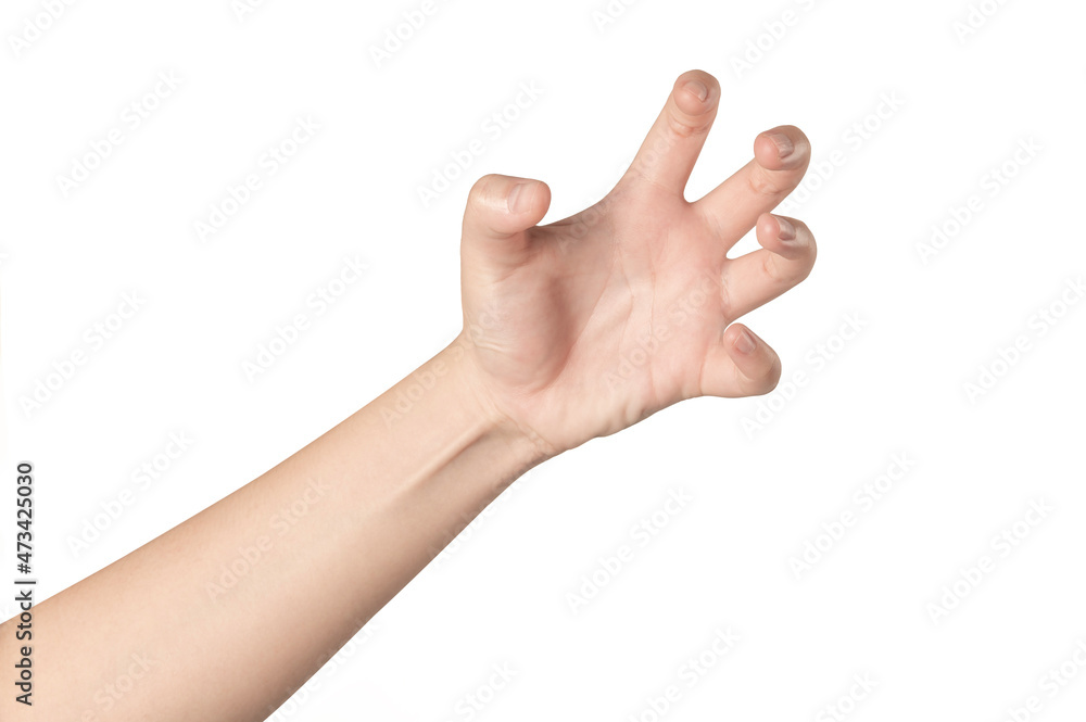 Young woman hand gesturing (hand tensed ) isolated on white background Young woman hand gesturing (hand tensed ) isolated on white background