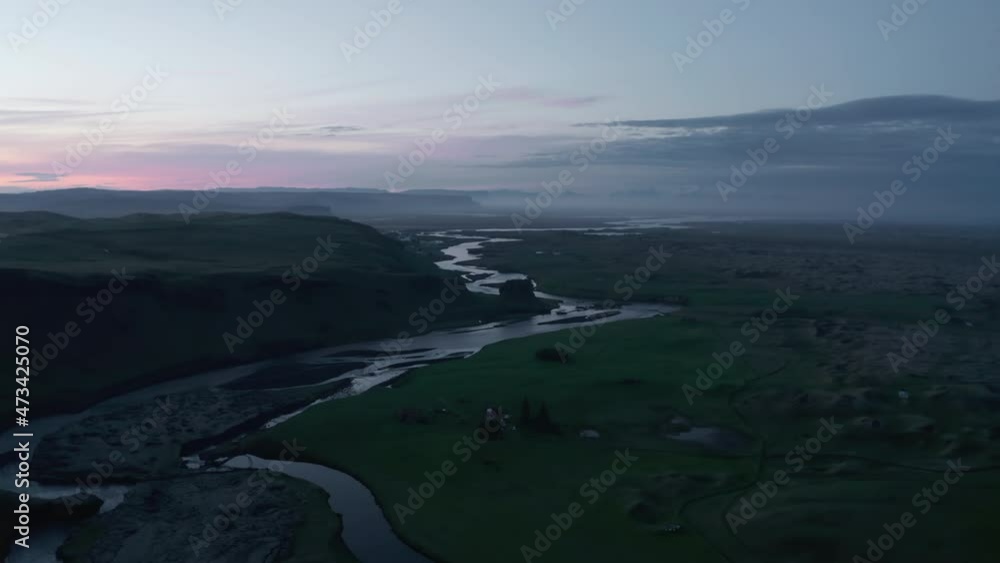 Aerial view of spectacular panorama of Thorsmork valley, glacier wild highlands in Iceland. High angle view of Krossa river flowing in icelandic Porsmork countryside Aerial view of spectacular panorama of Thorsmork valley, glacier wild highlands in Iceland. High angle view of Krossa river flowing in icelandic Porsmork countryside