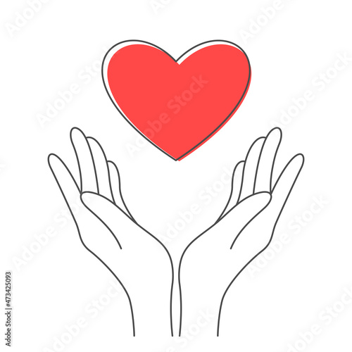 Two hands with heart. Red heart in two hands on white background. Illustration of kindness, love and care.