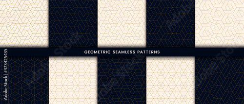  Set of geometric seamless pattern polygonal shape. Luxury background with gold lines on navy and white color