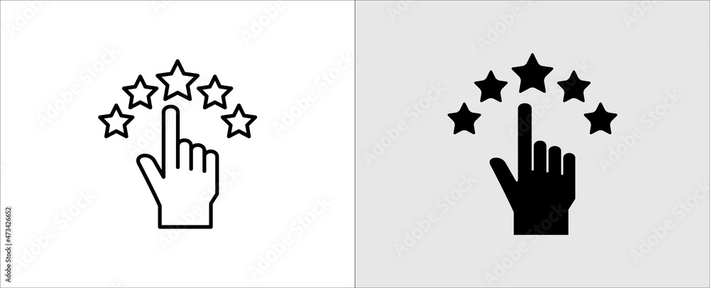 Hand click on the star rating icon. Five pointing on the star symbol of satisfaction review. Vector stock illustration Hand click on the star rating icon. Five pointing on the star symbol of satisfaction review. Vector stock illustration