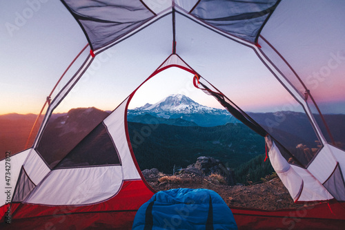 Morning view on mt. Rainier from a tent