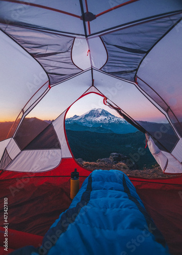 Morning view on mt. Rainier from a tent