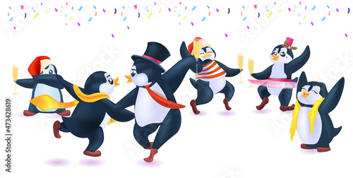cute penguins celebrating new year christmas holidays antarctic birds having fun full length
