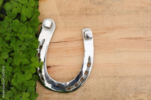 Saint Patrick background. horseshoe on a wooden board in green clover.St.Patrick 's Day.