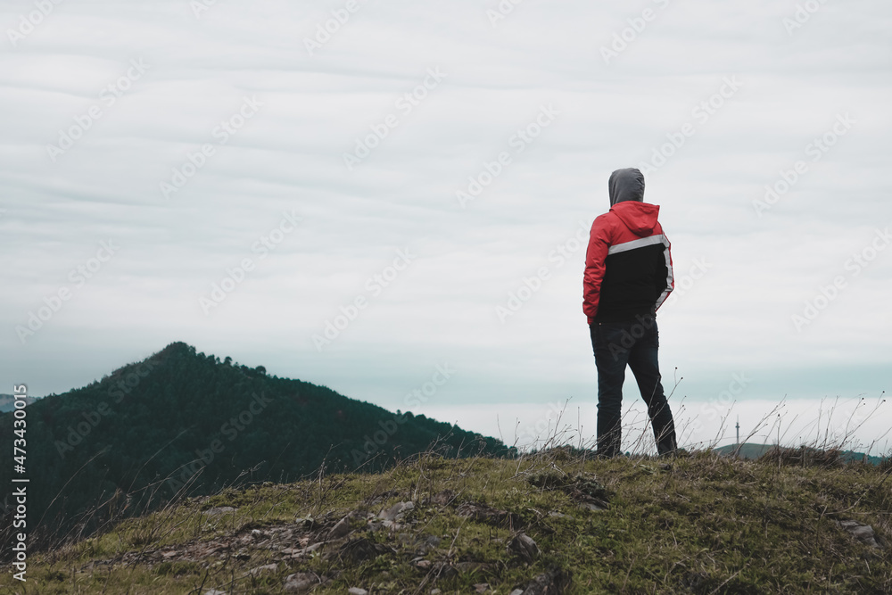 man trekking in the mountain in Bilbao, Spain, meditation moment man trekking in the mountain in Bilbao, Spain, meditation moment