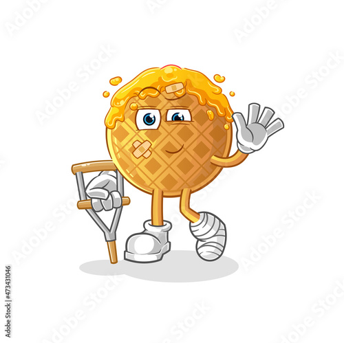 waffle sick with limping stick. cartoon mascot vector
