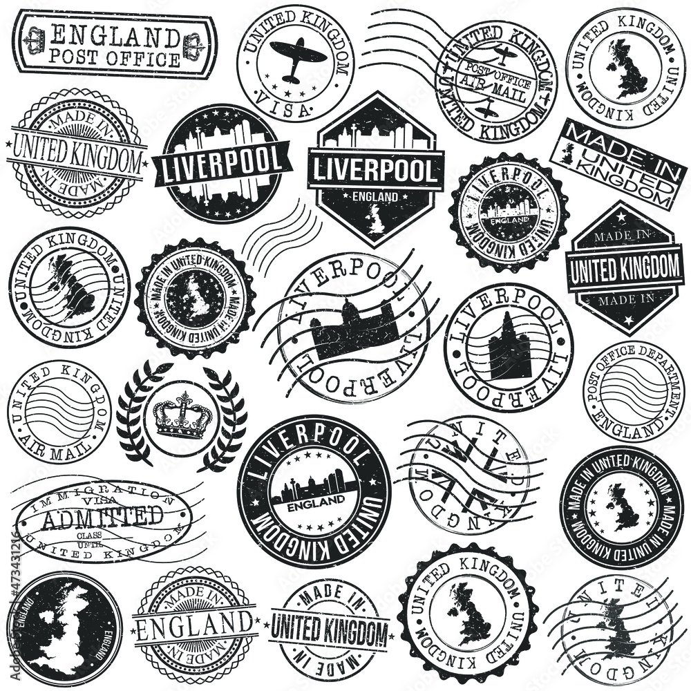 Fototapeta premium Liverpool, UK Set of Stamp. Vector Art Postal Passport Travel Design. Travel and Business Seals.