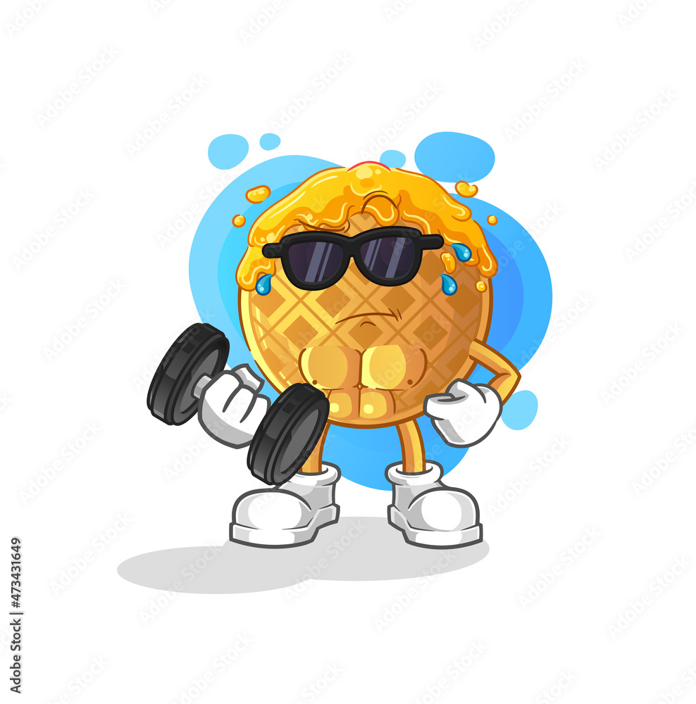 Naklejka premium waffle lifting dumbbell vector. cartoon character