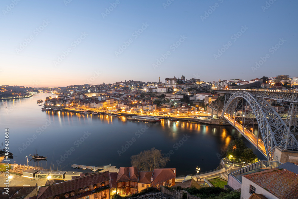 WS panorama of Oporto city, iconic bridge and Douro river at night WS panorama of Oporto city, iconic bridge and Douro river at night