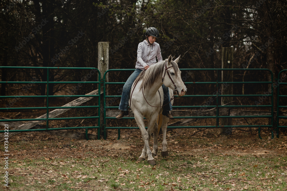 Teen girl riding grey mare bareback in round pen Teen girl riding grey mare bareback in round pen