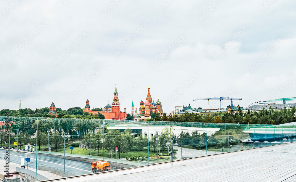 View from the Floating Bridge of the center of Moscow, the Kremlin and The Cathedral of Vasily the Blessed