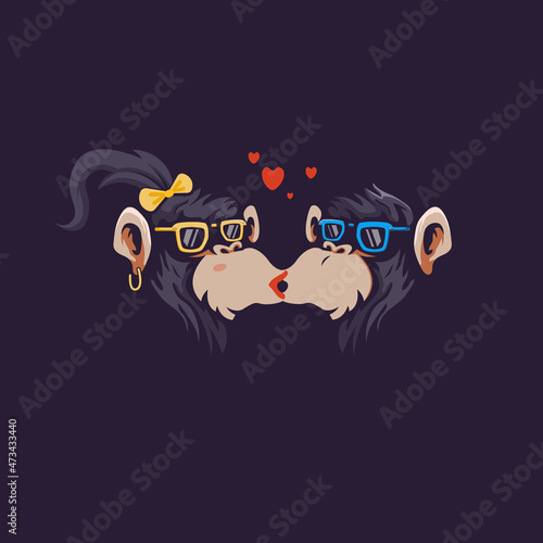 Lovely monkey couple kissing cartoon mascot logo design illustration vector