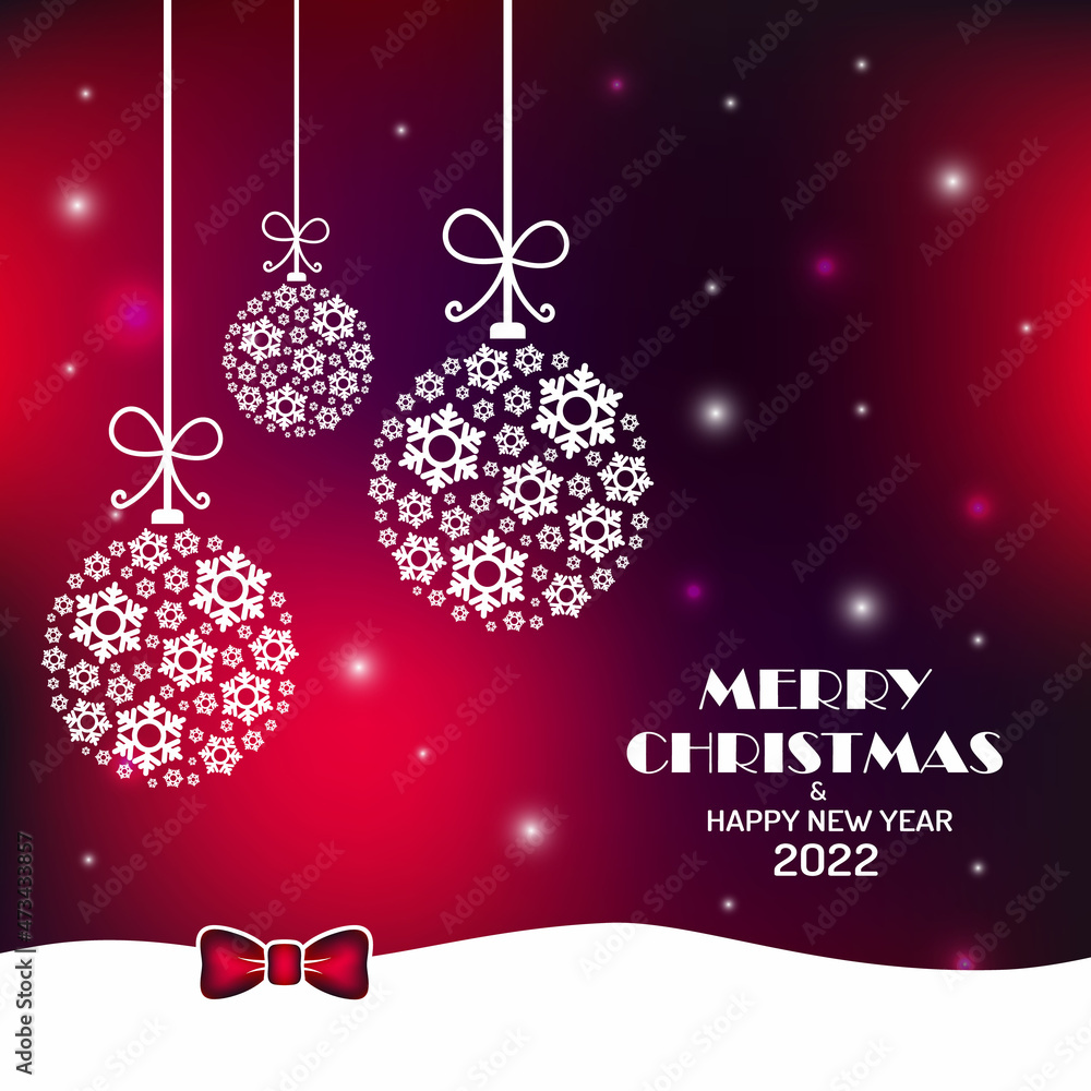 Merry Christmas and Happy New Year 2022 card. Christmas ball decorations hanging on a blurry festive abstract background with multicolored lights. Merry Christmas and Happy New Year 2022 card. Christmas ball decorations hanging on a blurry festive abstract background with multicolored lights.