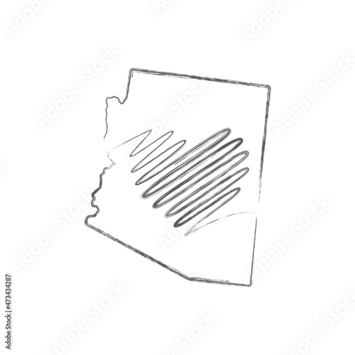 Arizona US state hand drawn pencil sketch outline map with heart shape. Continuous line drawing of patriotic home sign. A love for a small homeland. T-shirt print idea. Vector illustration.