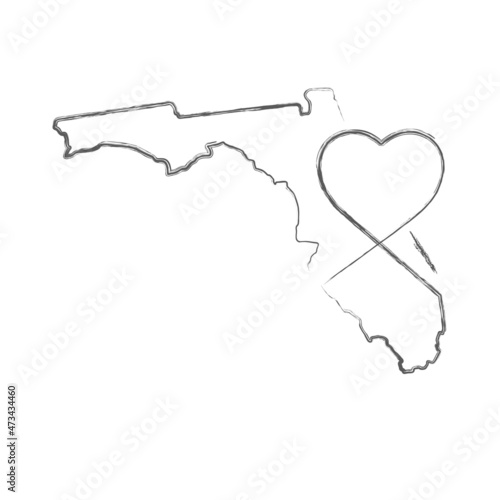 Florida US state hand drawn pencil sketch outline map with heart shape. Continuous line drawing of patriotic home sign. A love for a small homeland. T-shirt print idea. Vector illustration.