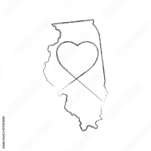 Illinois US state hand drawn pencil sketch outline map with heart shape. Continuous line drawing of patriotic home sign. A love for a small homeland. T-shirt print idea. Vector illustration.