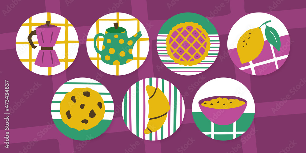 Set of stickers with teapot, coffee maker, pie, oatmeal cookies, lemon, croissant and porridge. Collection of highlight story covers for social media. Vector flat illustrations for blog or website Set of stickers with teapot, coffee maker, pie, oatmeal cookies, lemon, croissant and porridge. Collection of highlight story covers for social media. Vector flat illustrations for blog or website