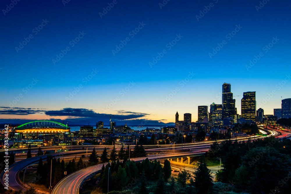 View of Seattle Skyline at Night Overlooking I-5 and Lumen Field View of Seattle Skyline at Night Overlooking I-5 and Lumen Field
