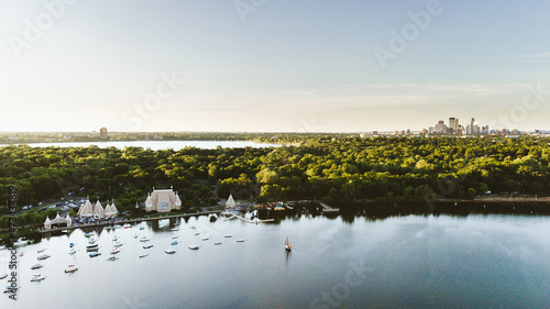 Drone shot of Lake Harriet with the Minneapolis skyline photo