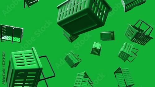 Green shopping baskets on green background.
3D illustration for background.