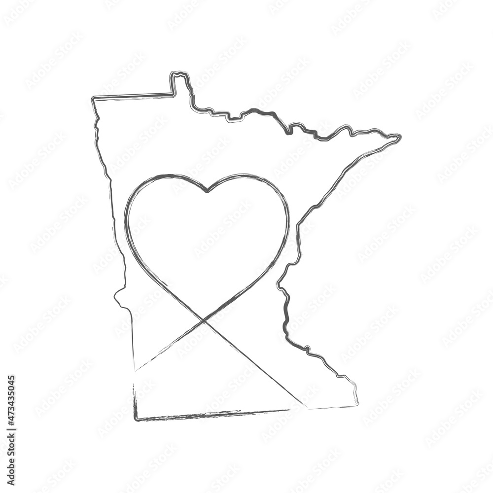 Minnesota US state hand drawn pencil sketch outline map with heart shape. Continuous line drawing of patriotic home sign. A love for a small homeland. T-shirt print idea. Vector illustration.