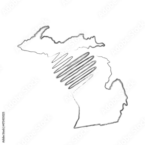 Michigan US state hand drawn pencil sketch outline map with heart shape. Continuous line drawing of patriotic home sign. A love for a small homeland. T-shirt print idea. Vector illustration.