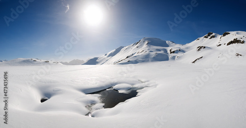Snowy mountains in the Pyrenees in Canfranc Valley in Spanish Pyrenees.