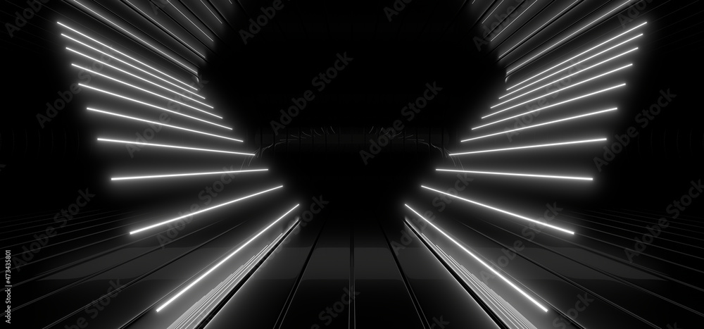 A dark tunnel lit by white neon lights. Reflections on the floor and walls. 3d rendering image.
