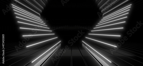 Obraz na płótnie A dark tunnel lit by white neon lights. Reflections on the floor and walls. 3d rendering image. w salonie