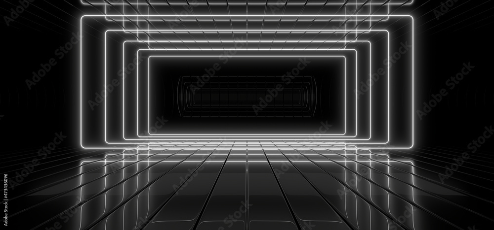 A dark tunnel lit by white neon lights. Reflections on the floor and walls. 3d rendering image.