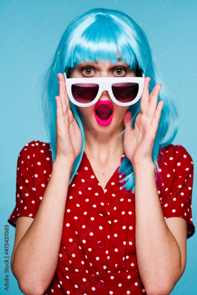 pretty woman fashion blue wig posing sunglasses pretty woman fashion blue wig posing sunglasses