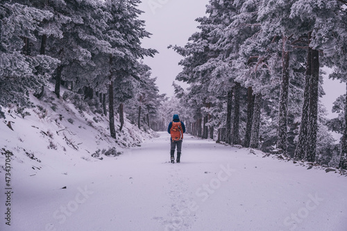 Young man walking on snow covered trail during a snowstorm in Sierra de Guadarrama, Madrid, Spain photo