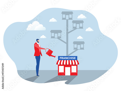 Businessman is watering money tree to grow franchise business. Increasing and growth business flat concept illustration.