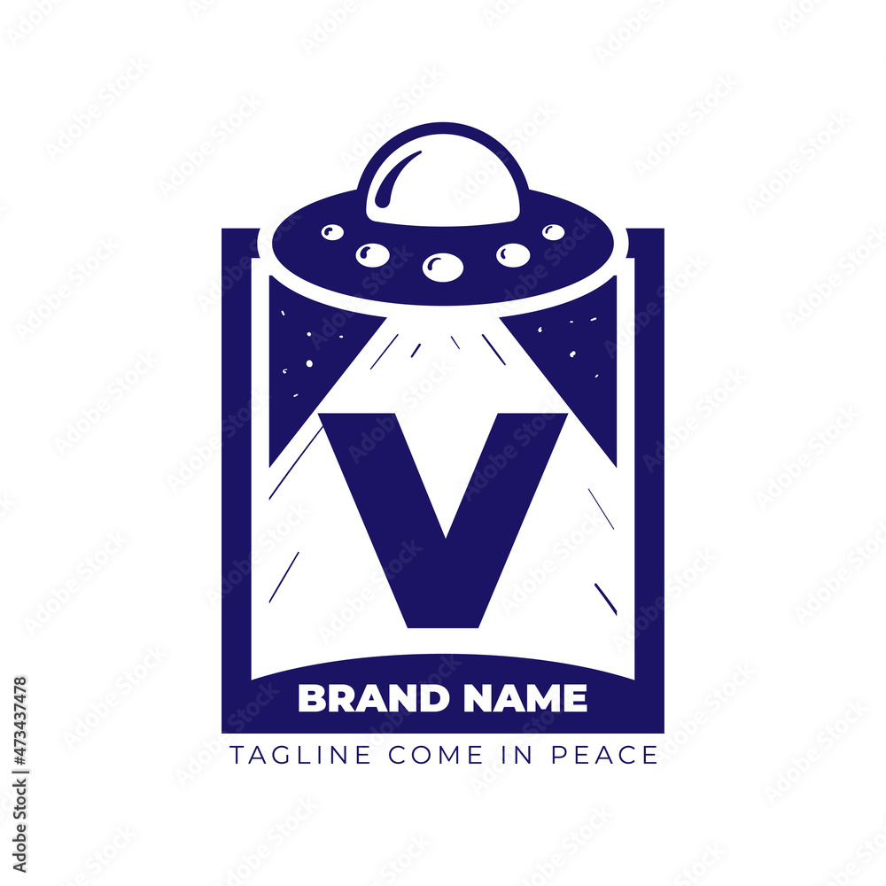 letter V UFO illustration for tee shirt and initial vector logo design