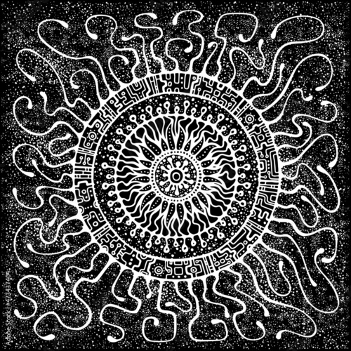 Abstract mystical background. Snowstorm, starry sky, sun