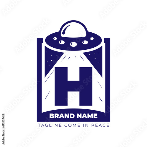 letter H UFO illustration for tee shirt and initial vector logo design