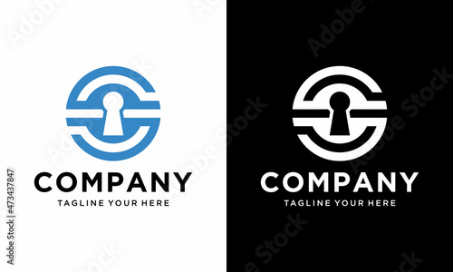 Creative abstract modern key locked hole sign logo design template. on a black and white background.