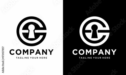 Creative abstract modern key locked hole sign logo design template. on a black and white background.