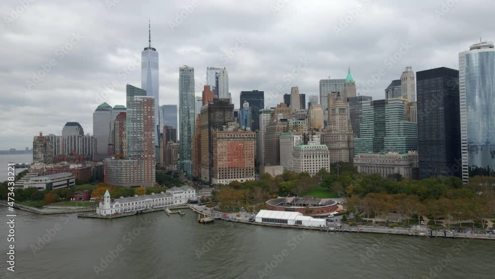 Aerial view towards highrise in the Manhattan, New York city - tracking, drone shot
