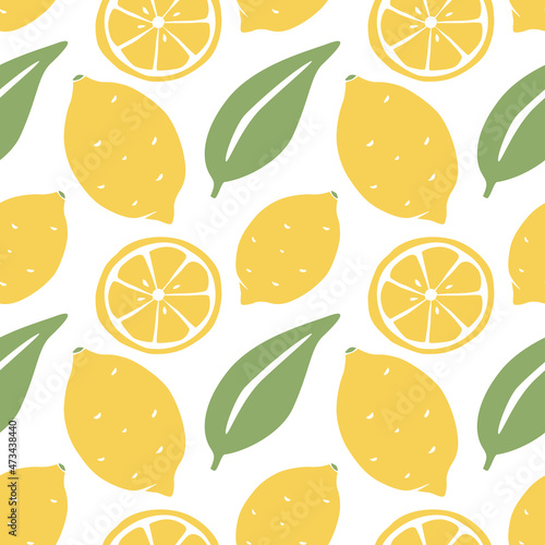 Cute lemon seamless pattern. Lemons, slices and leafs in cartoon style. Vector flat hand drawn illustration