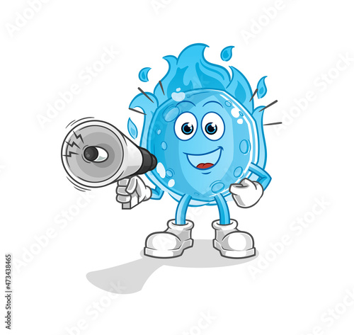 blue comet holding hand loudspeakers vector. cartoon character