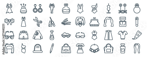 set of 40 flat woman clothing web icons in line style such as needle case, bow black, reading eyeglasses, curling hair, parfum bottle, diamond ring, bikini icons for report, presentation, diagram,