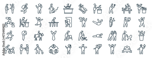 set of 40 flat people web icons in line style such as backpacker running, chat group, girl running, man lifting an old man, curier, baby changing, slide down icons for report, presentation, diagram,