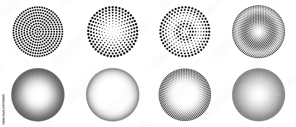 Vector set of pop art halftone elements. Circle dots explosion pattern.
