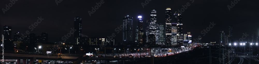 Panorama of night Moscow, high-rise buildings of Moscow City
