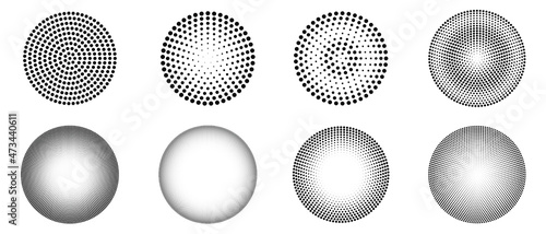 Vector set of pop art halftone elements. Circle dots explosion pattern.