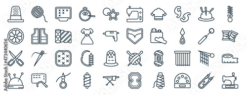 set of 40 flat sew web icons in line style such as yarn, spokes, sewing scissors, pin holder, tracing wheel, slide fastener, sewing hine icons for report, presentation, diagram, web design