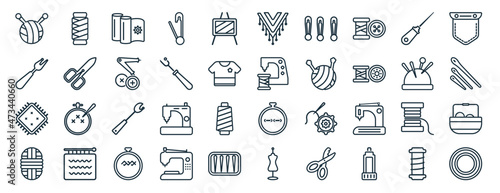set of 40 flat sew web icons in line style such as thread, seam, patch, wool, pin cushion, pocket, hand craft icons for report, presentation, diagram, web design